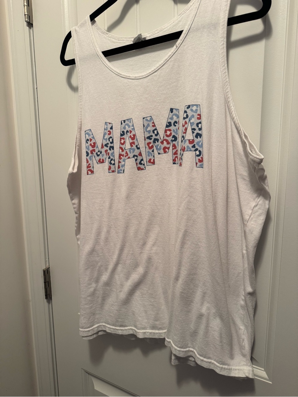 Gildan White Tank Top with Blue & Red Leopard MAMA Graphic